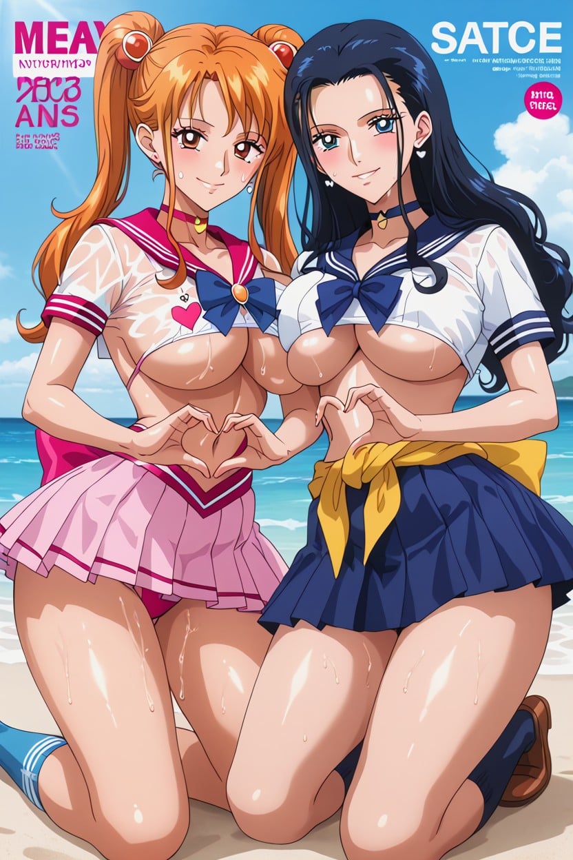 Under Boob, Two Women, Light Blue Kimono Hentai AI Porn