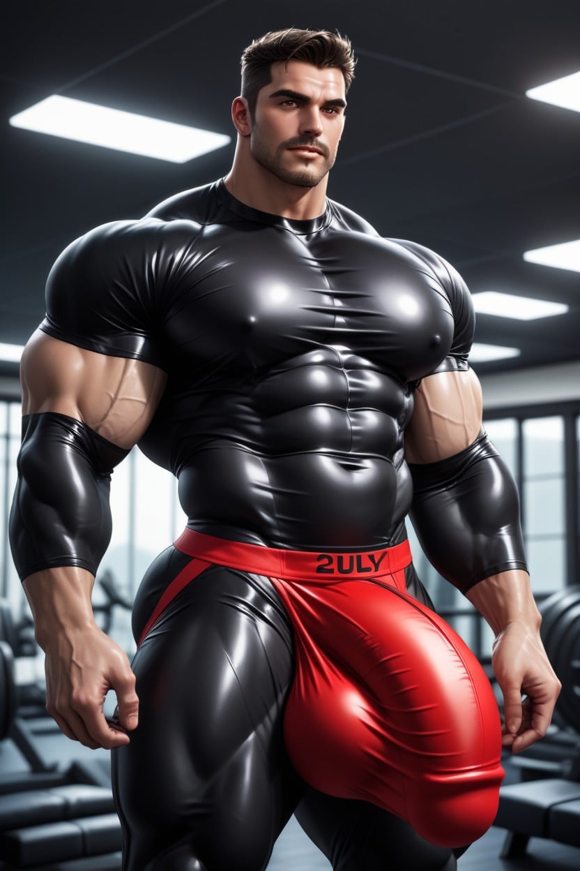 Huge Pillowy Pecs, Torpedo Shaped Bulge, In Big Gym AI Gay Porn