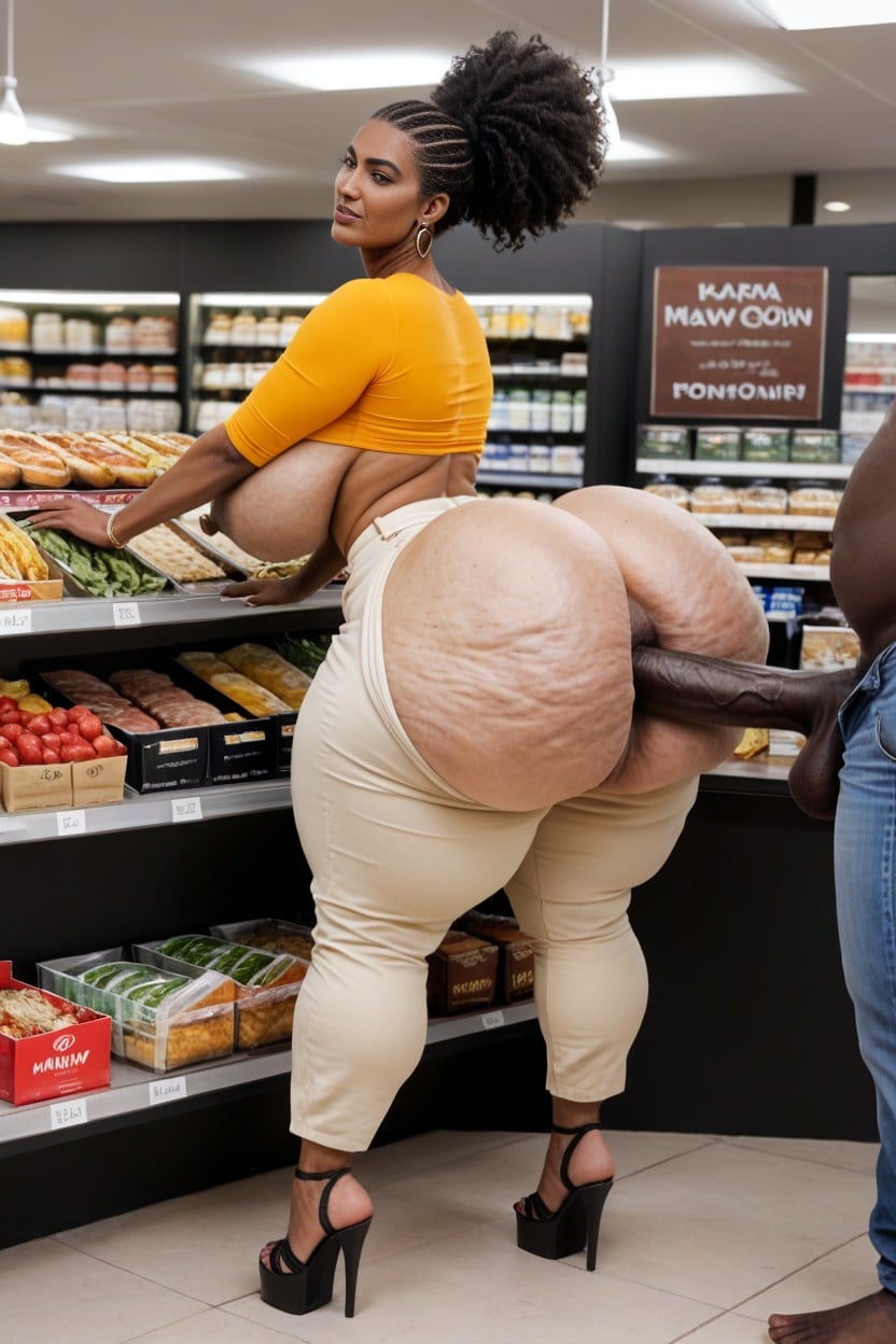 Crop Top Up Shirt With Big Saggy Breast Popping Out, Side View, Afro AI Porn