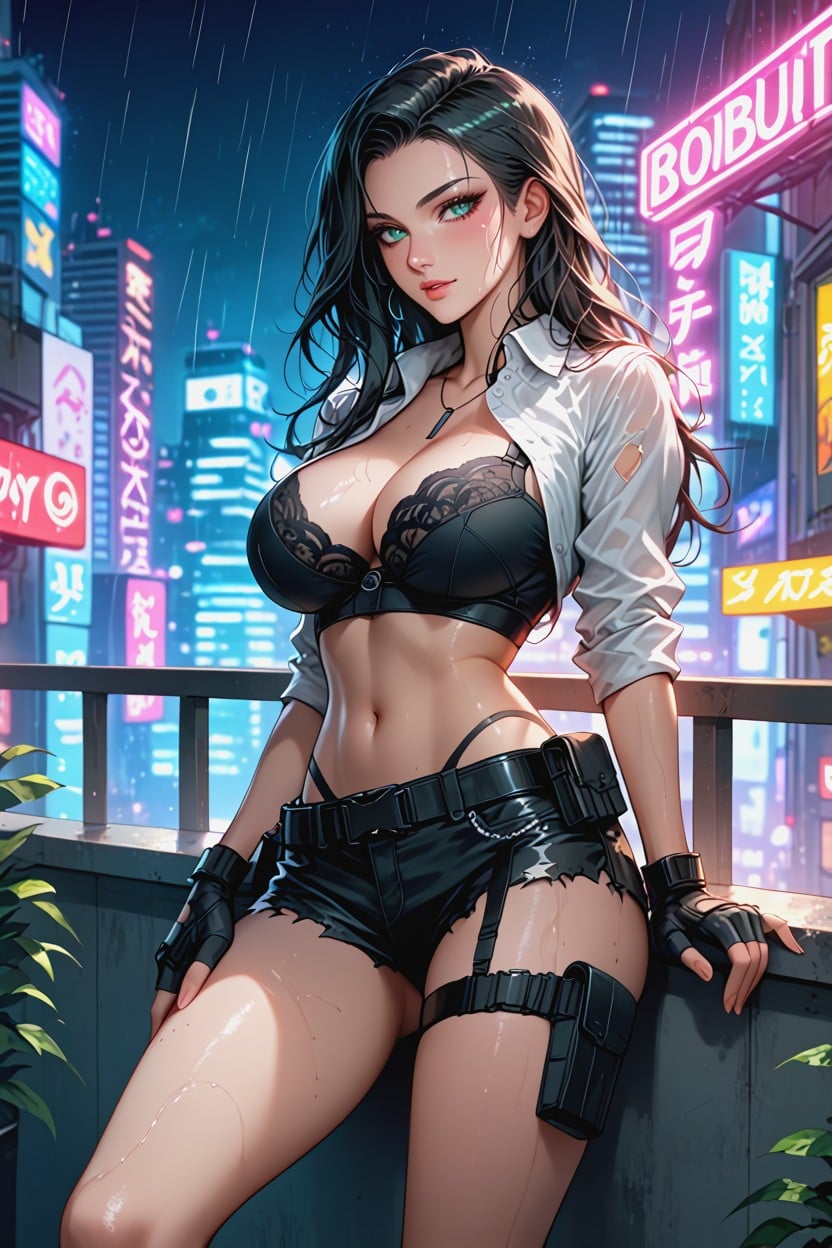 Belly Exposure, Black Holster, Revealing A Black Bra Underneath Hentai AI Porn