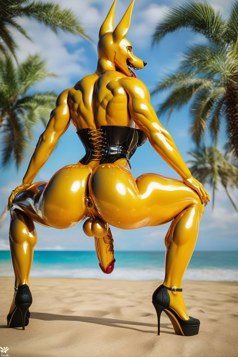 Oiled Skin, Veins Showing, Anubis Furry AI Porn