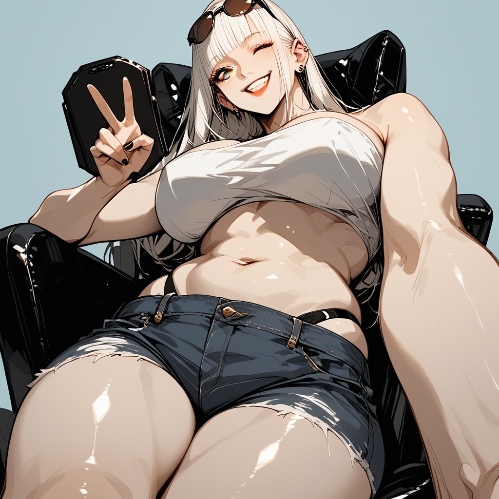 One Hand Is Making A Peace Sign, Woman Tucking The One Side Of Her Hair Behind Her Ear, Black Rings On All Fingers Hentai AI Porn