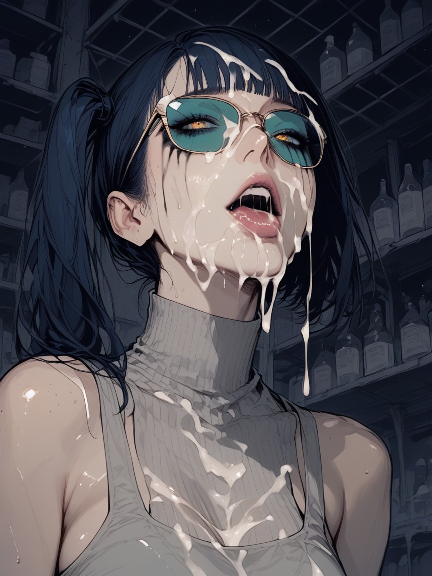 Sweat Drops On Body, Cum On Her Sunglasses, Yellow Heavy Eyeliner Hentai IA