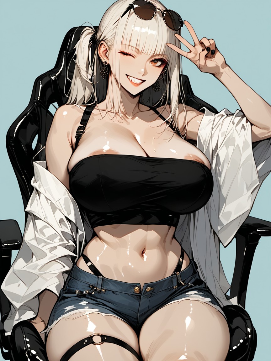 Hyper Heavy Oily Heavy Glossy Heavy Shiny Skin, Sleeveless, Enjoying Look Expression Hentai AI Porn
