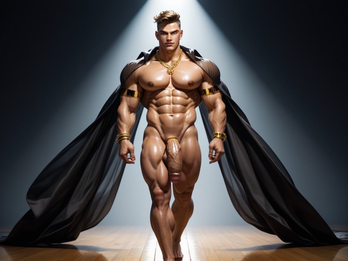 Precum Dripping From Humongous Cock While He Is Walking On Runway, Hyper Handsome, White And Gold Themed Venue AI同性戀黃片
