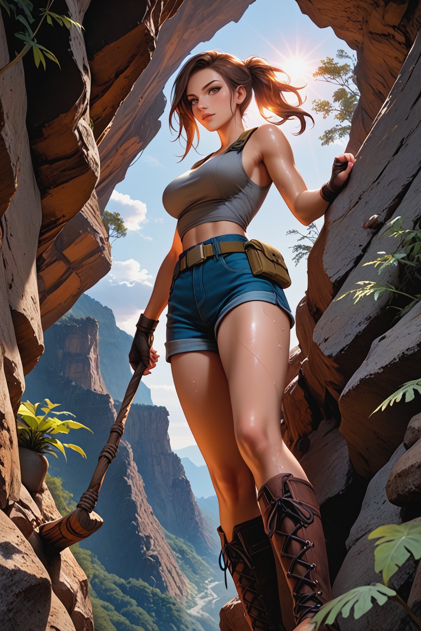Medium Hair Length, Grey Sleeveless Tank Top, View From Below Hentai AI Porn