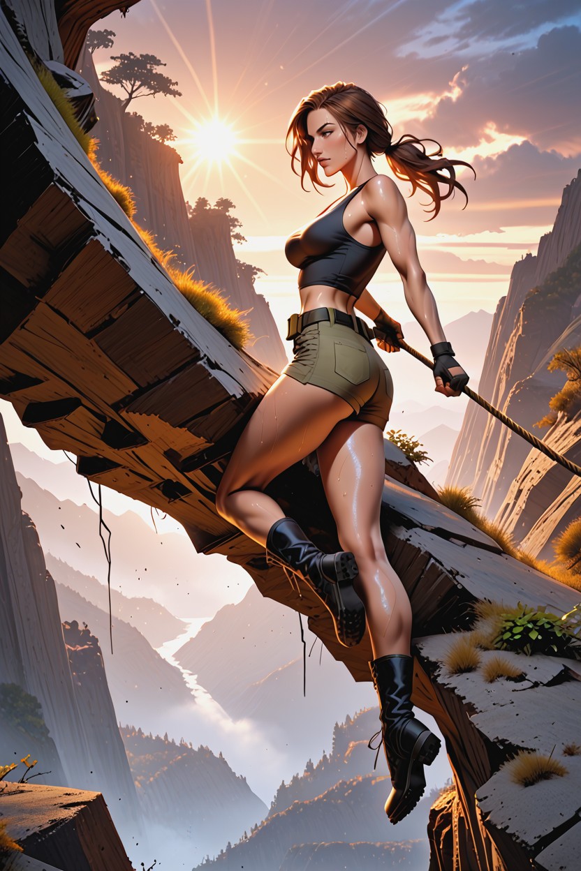 Rock Climbing Stake Planted On Cliff, Dusk, Dry Land Hentai AI Porn