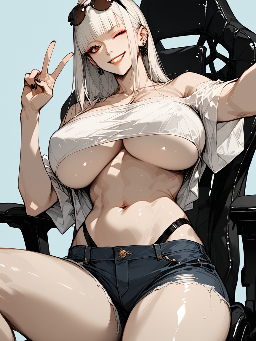 Winking With An And Smile, Woman Sitting In A Gaming Chair And Her Legs Crossing, Black Hair At The Top Of The Head Hentai AI Porn