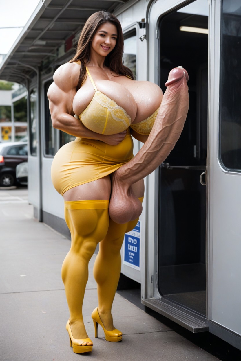 Full Body, Massive Huge Swollen Balls, Yellow Sheer Stockings Shemale AI Porn