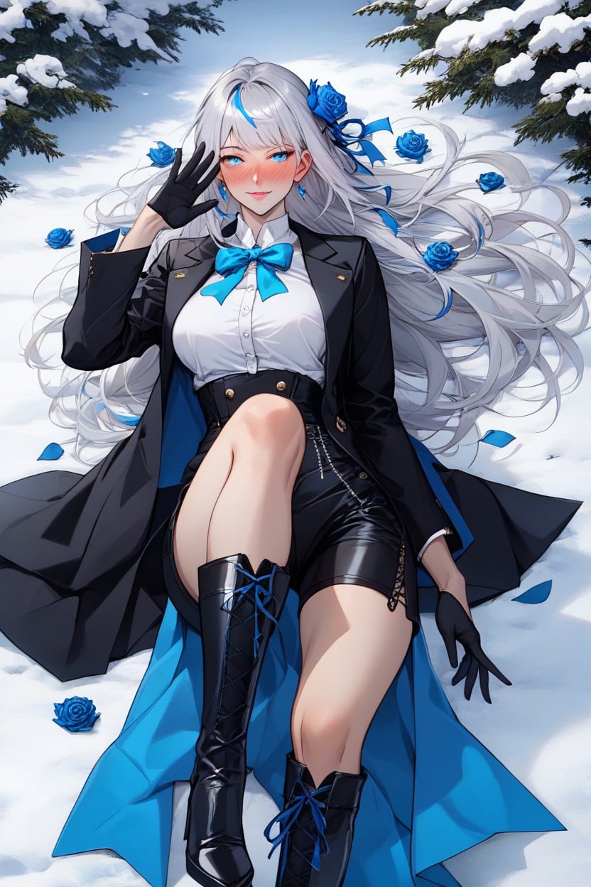 Silver Heeled Long Boots With Blue Ribbons, Night, Snowy Park Hentai AI Porn