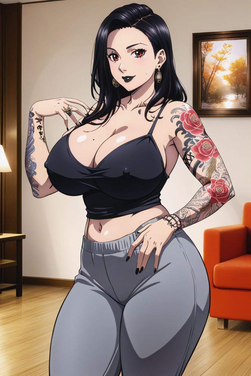Happy, Black Hair, Grey Sweatpants Hentai AI Porn