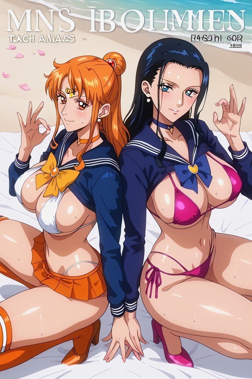 Beach Umbrellas, Pink Bikini With Yellow Stars, Beach Sheets Hentai AI Porn