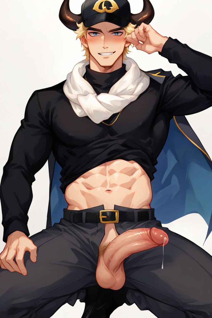 Medium, Blonde Hair, Dark Blue Open Jacket AI Gay Porn