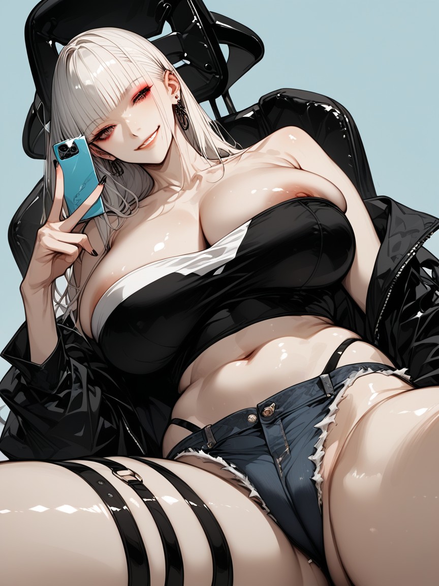 Woman Tucking The One Side Of Her Hair Behind Her Ear, Most Smooth Straight Hair, Jean Shorts Hentai AI Porn