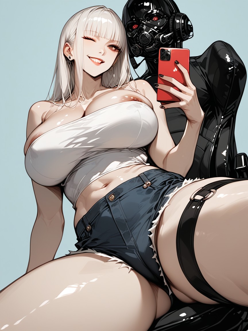 Simple Blue Background, Blunt Hair Tips, Leg Strap Belt On Thigh Hentai IA