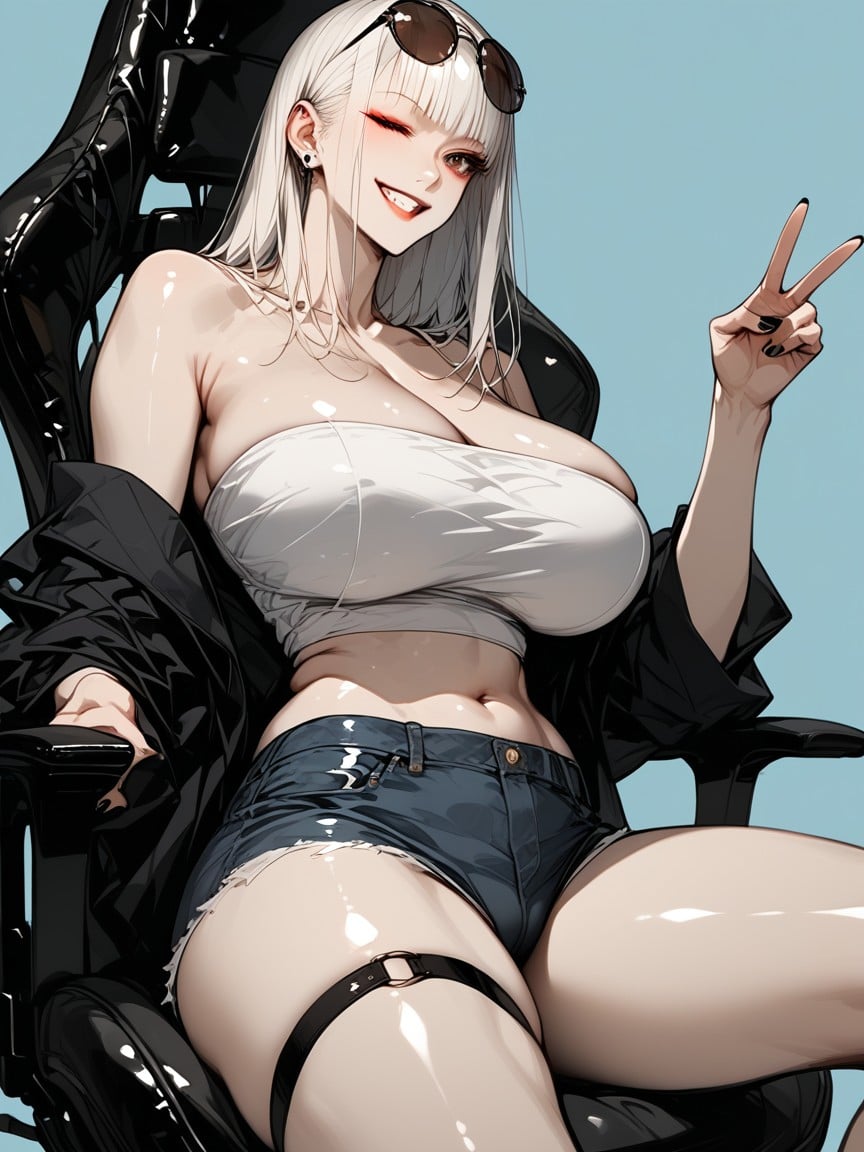 Woman Taking A Selfie, Straight Blunt Long Bangs Below The Eyebrows, Waist Shot Hentai AI Porn