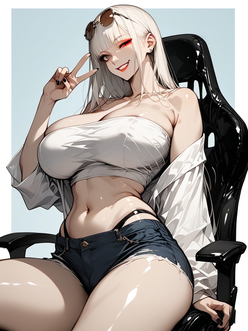 Simple Blue Background, Sleeveless, Woman Tucking The One Side Of Her Hair Behind Her Ear Hentai AI Porn