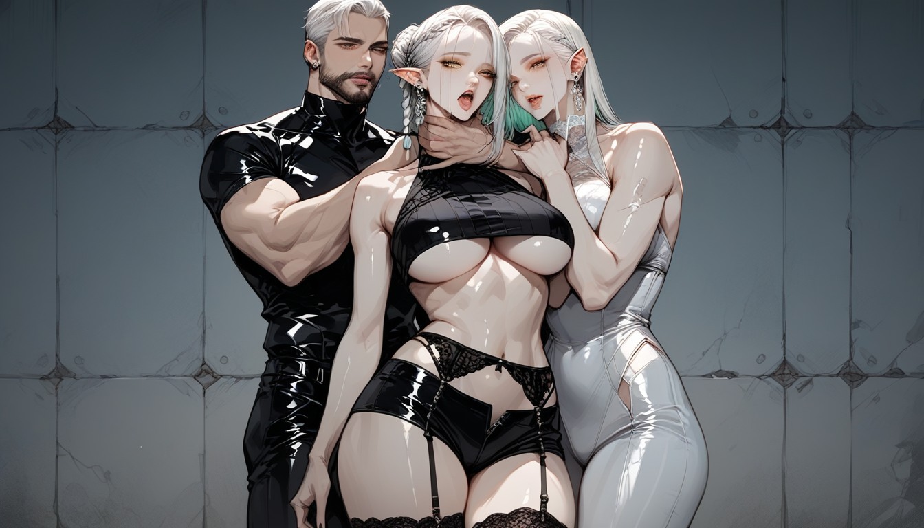 Hair With Four Colors, Oiled Skin, White Braids In Front Of Ears Porno IA Hentai