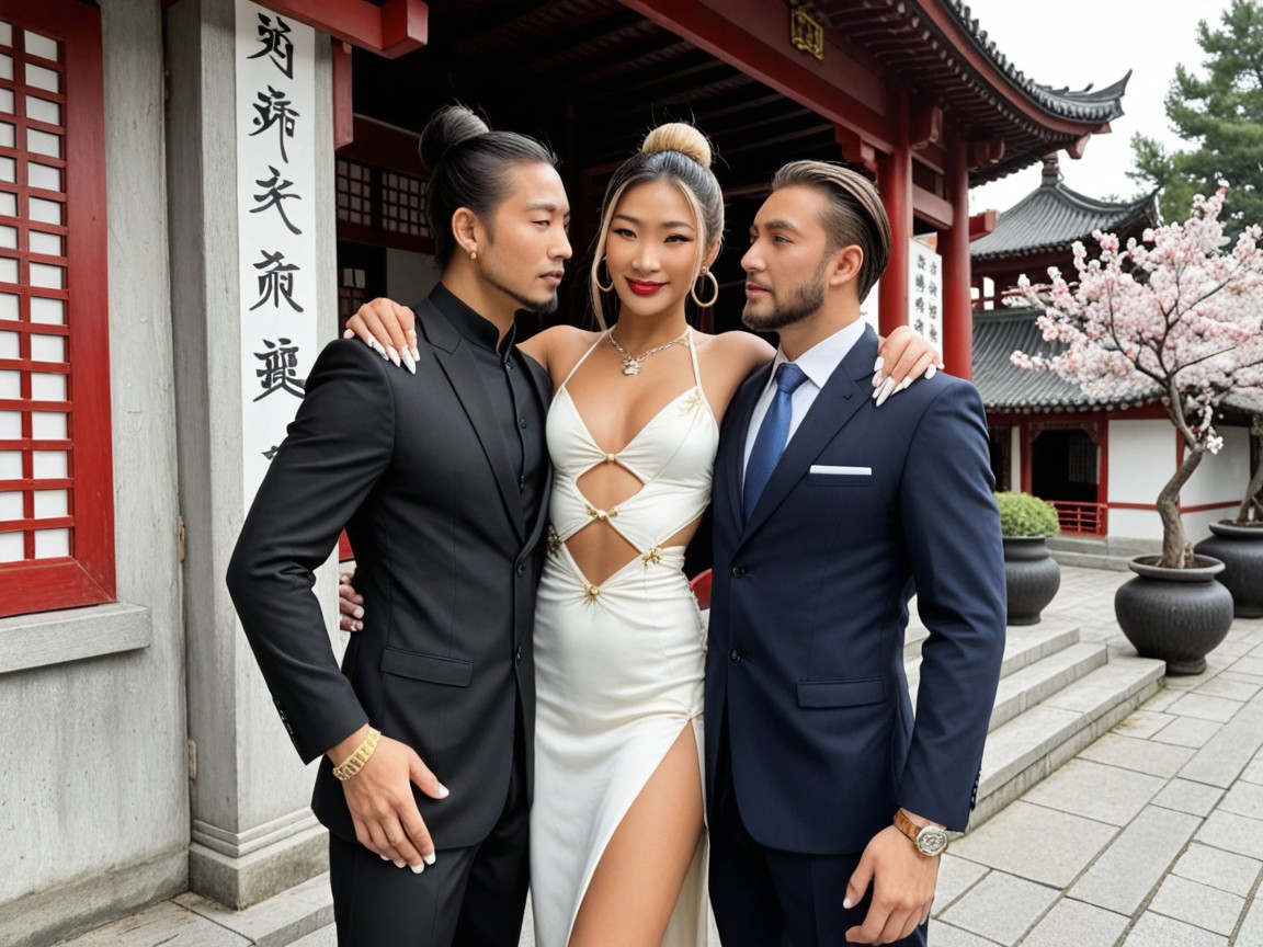 Asian, Arm Around Asian Woman Waist, Extremely Tall AI Porn