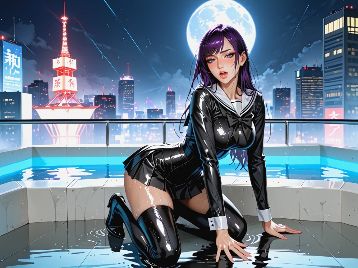Wet Clothing, Long Legs, Futuristic Penthouse Skyscraper Hentai AI Porn
