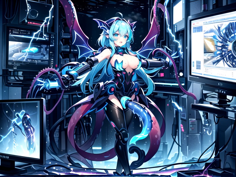 Intricate, Cables, A Lot Of Thick Cables Connect To Her Head ヘンタイAIポルノ