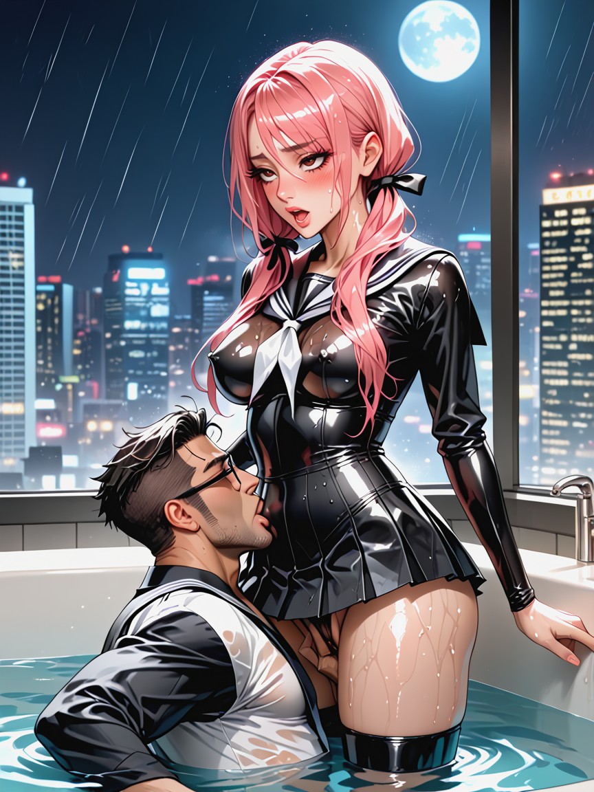 Night Japanese Cityscape View, Looking At Each Other, Extremely Oiled Skin Hentai IA