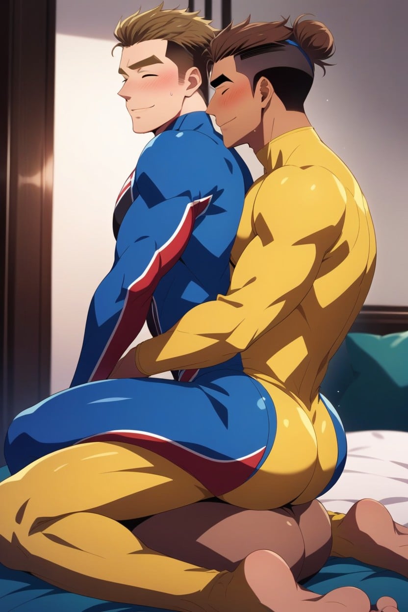 Red Bodysuit, Brown Hair, Hand On Anothers Ass AI Gay Porn