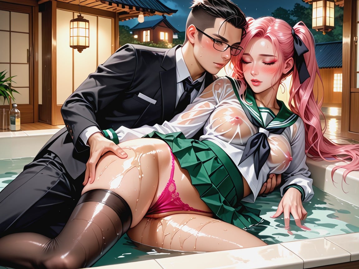 Natural Breasts, Green Pleated Skirt, Ultra Detailed Hentai IA
