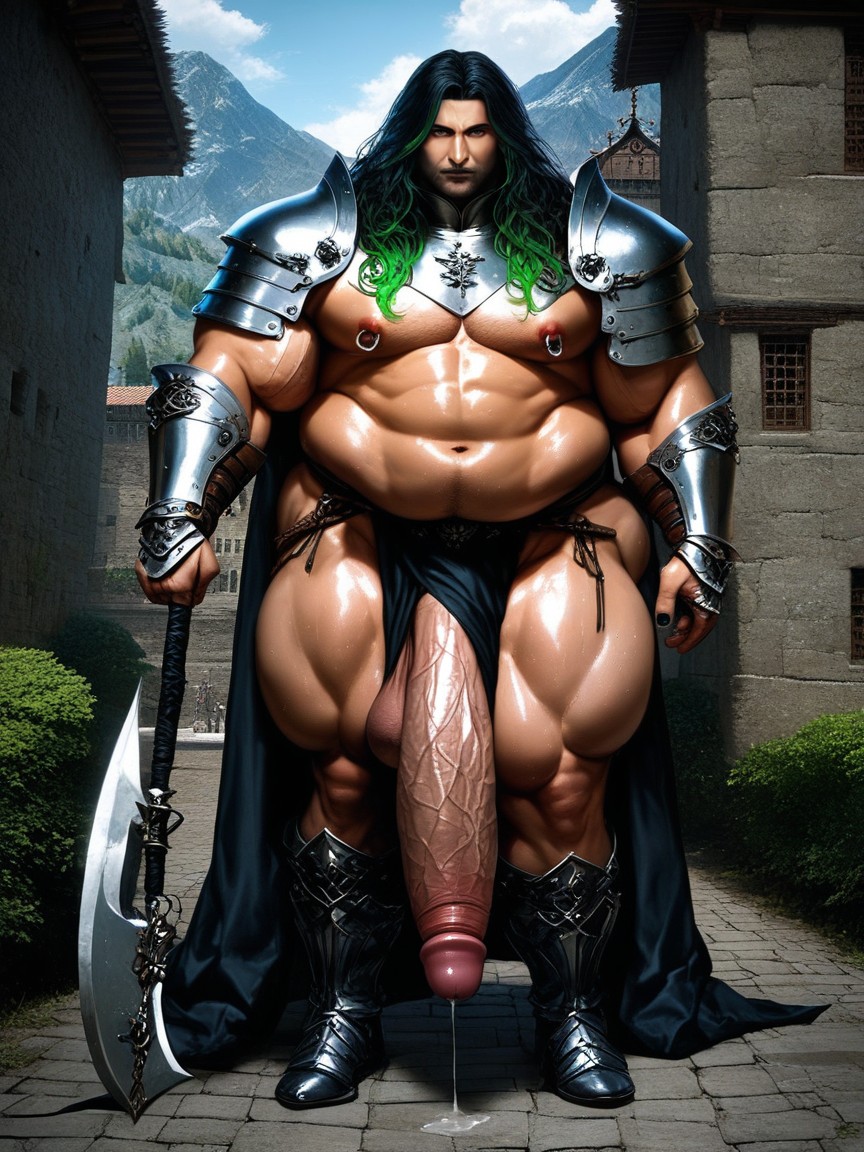 Black Hair With Green Highlights, Shiny Skin, Masculine Chest KI Schwulenporno