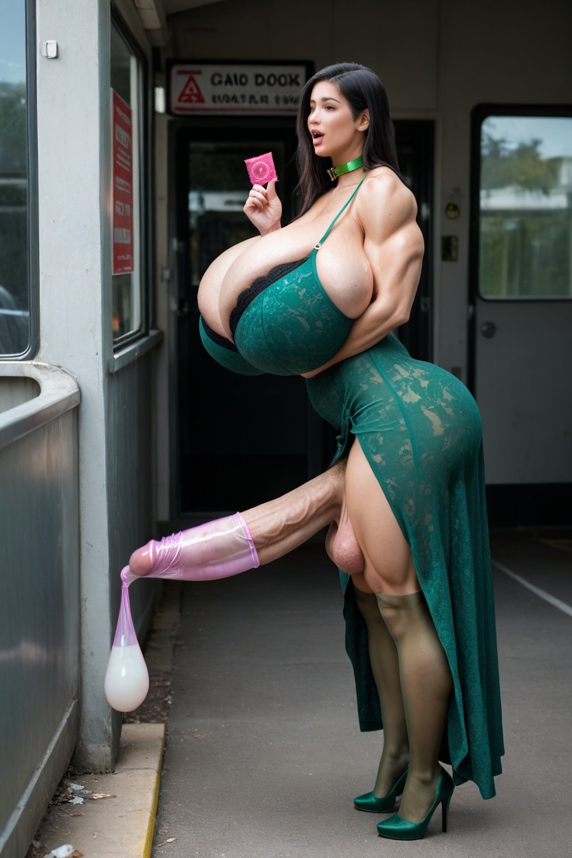 Thick Pubic Hair, Green Heels, Super Huge Muscles Shemale AI Porn
