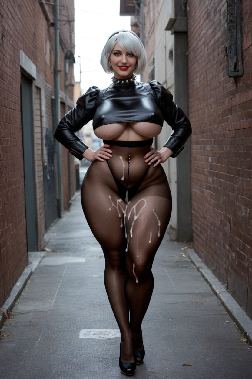 Voluptuous Woman, Open Cropped Leather Jacket, See Through Opaque Pantyhose BBW AI Porn