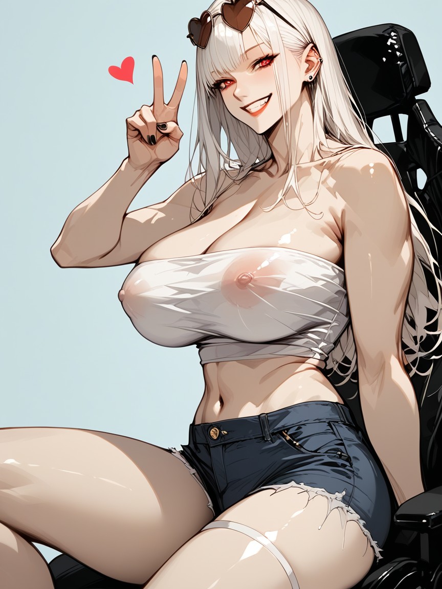Sleeveless, Blonde White Hair With Black Roots, Love Hearts Hentai AI Porn