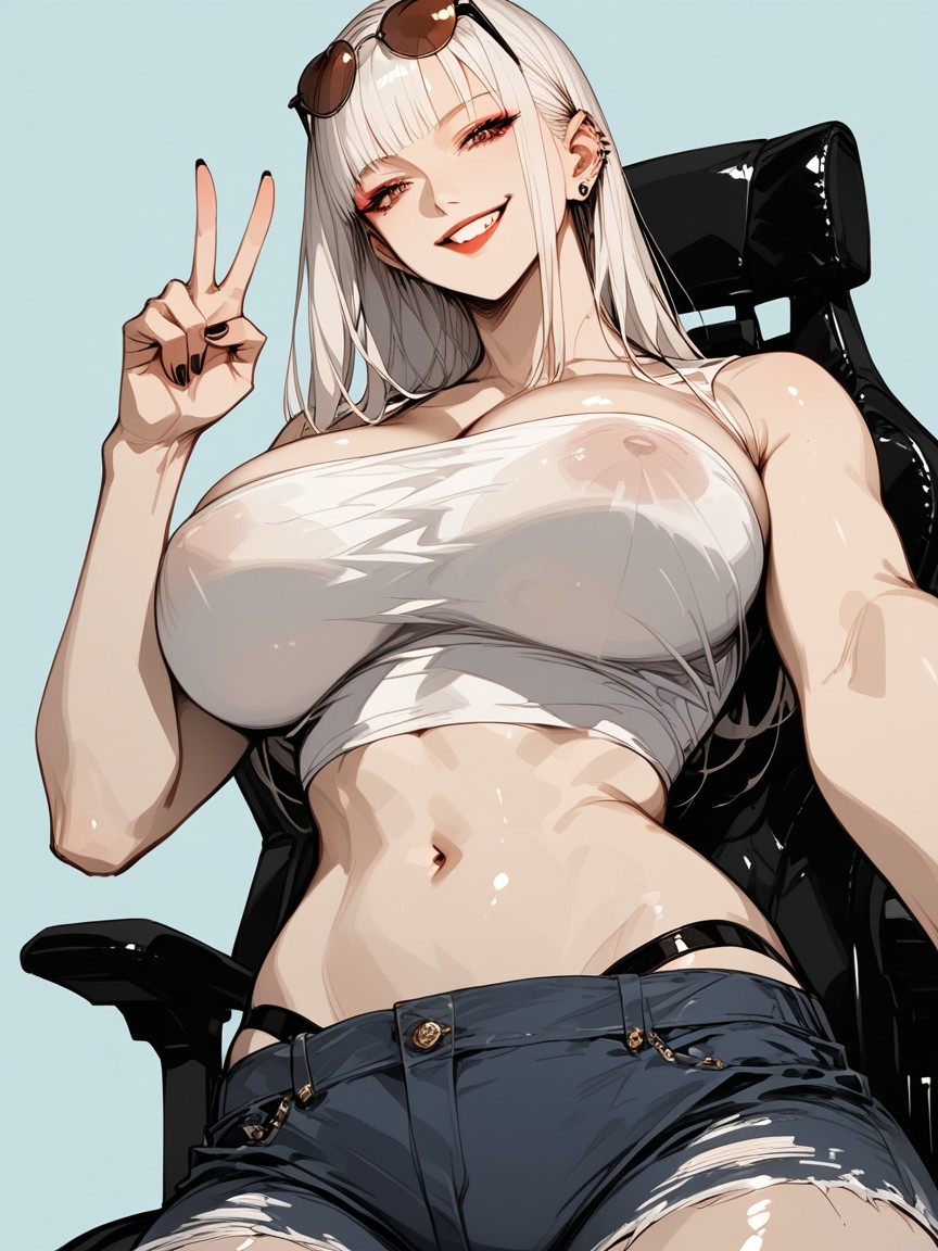 Most Smooth Straight Neat Hairstyle, Areolae Are Extreme Large, Leg Strap Belt On Thigh Hentai IA