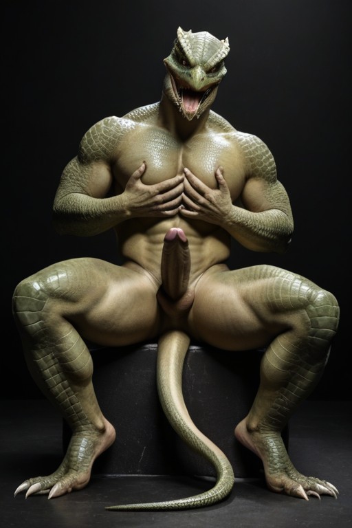Yellow Slit-pupil Eyes Set Deep In Scaly Sockets With Piercing Gaze, Muscular Reptilian Body, Reptilian AI Gay Porn
