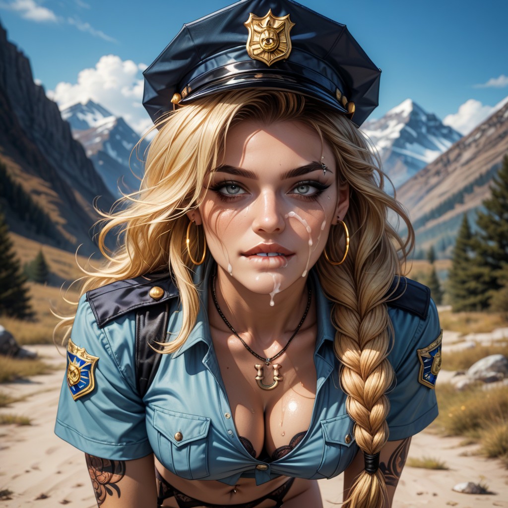 Handcuffs, Mountain Top, Long Blonde Braided Messy Hair AI Porn