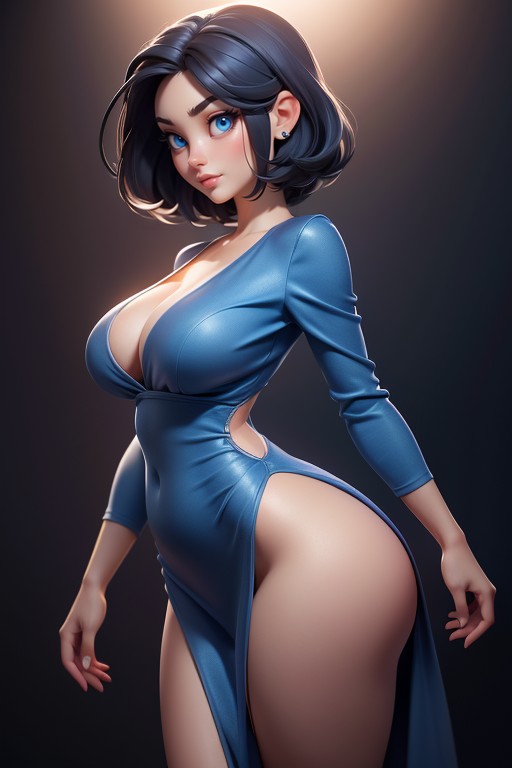 Side View, One Piece V Neck Colar Silk Dress Above The Thighs, Dress Is All One Piece Above The Thighs Hentai AI Porn