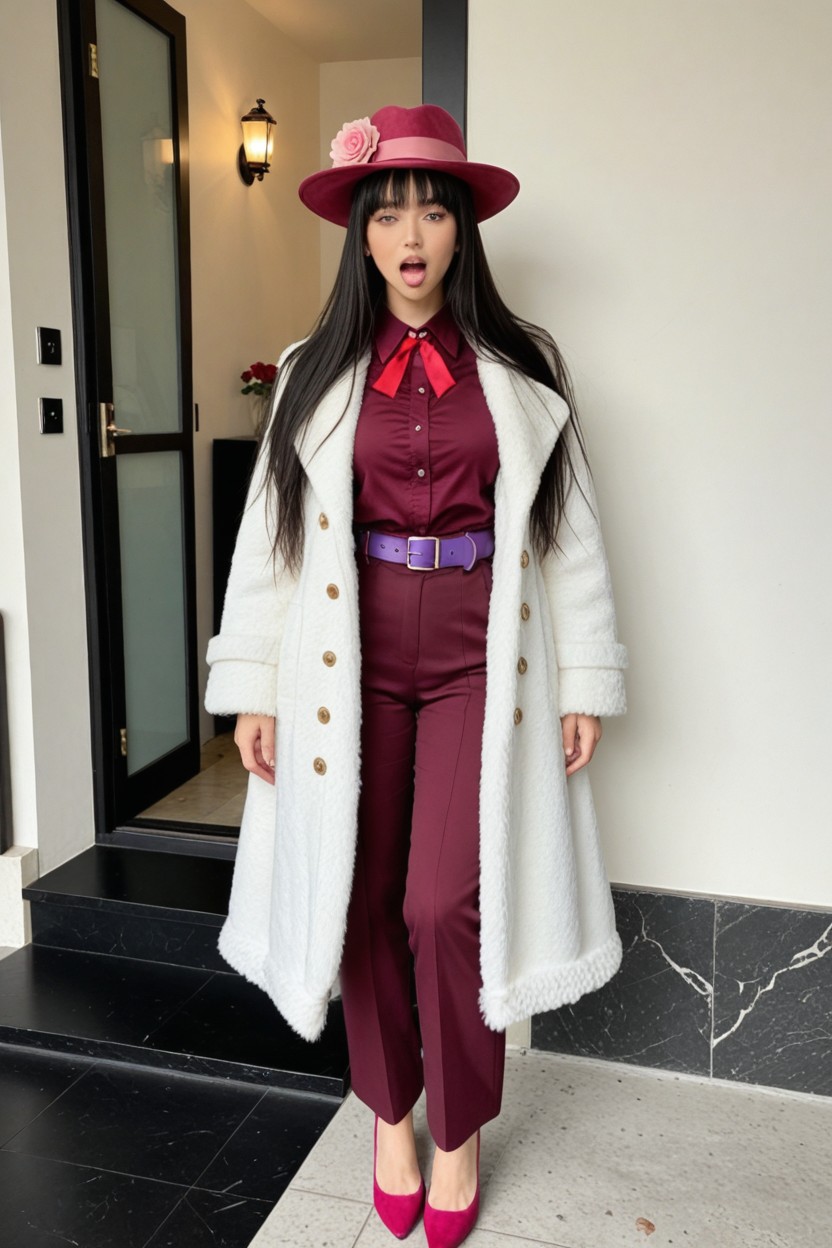 Thick Fur Coat, Round Belt Buckle, White Fur Coat AI Porn