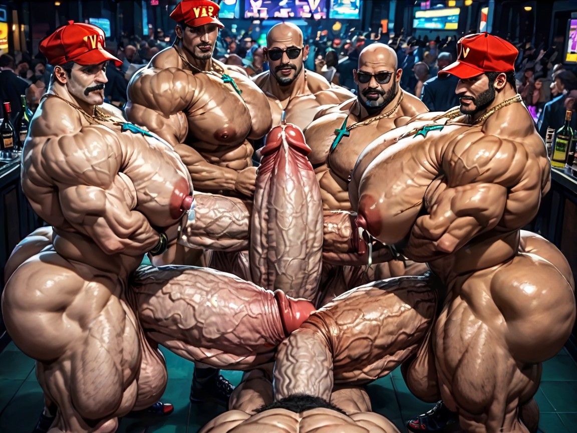 Gay Gangbang, Oiled Skin, Rough Hyper Huge Cocks Everywhere On Him AI Gay Porn