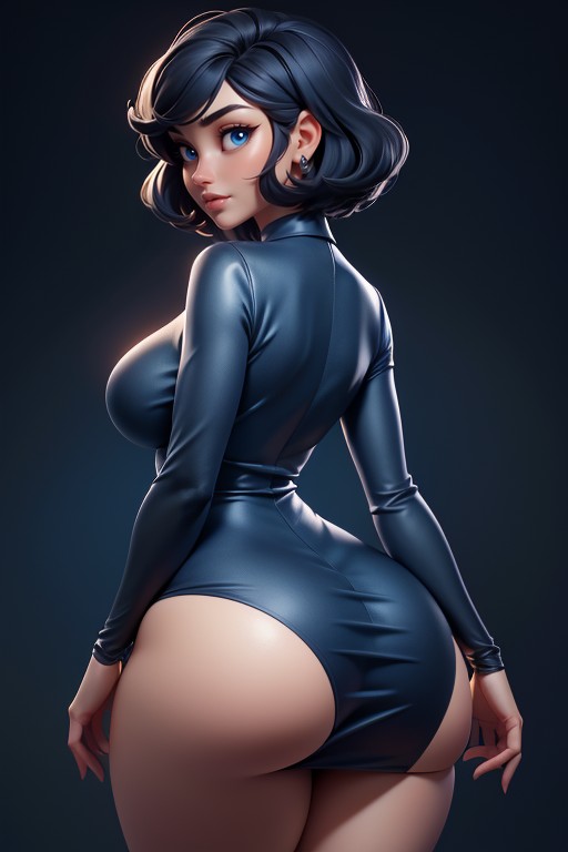 One Piece Blue Silk Dress With Long Sleeves And Exposed Thighs, Mini Falda, Curvy Hips Hentai IA