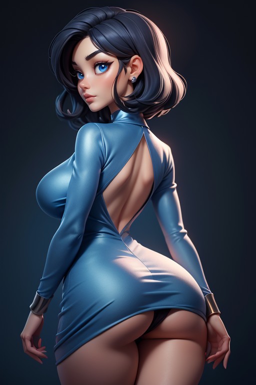 Large Breasts, Vista Trasera, One Piece Blue Silk Dress With Long Sleeves And Exposed Thighs Hentai IA