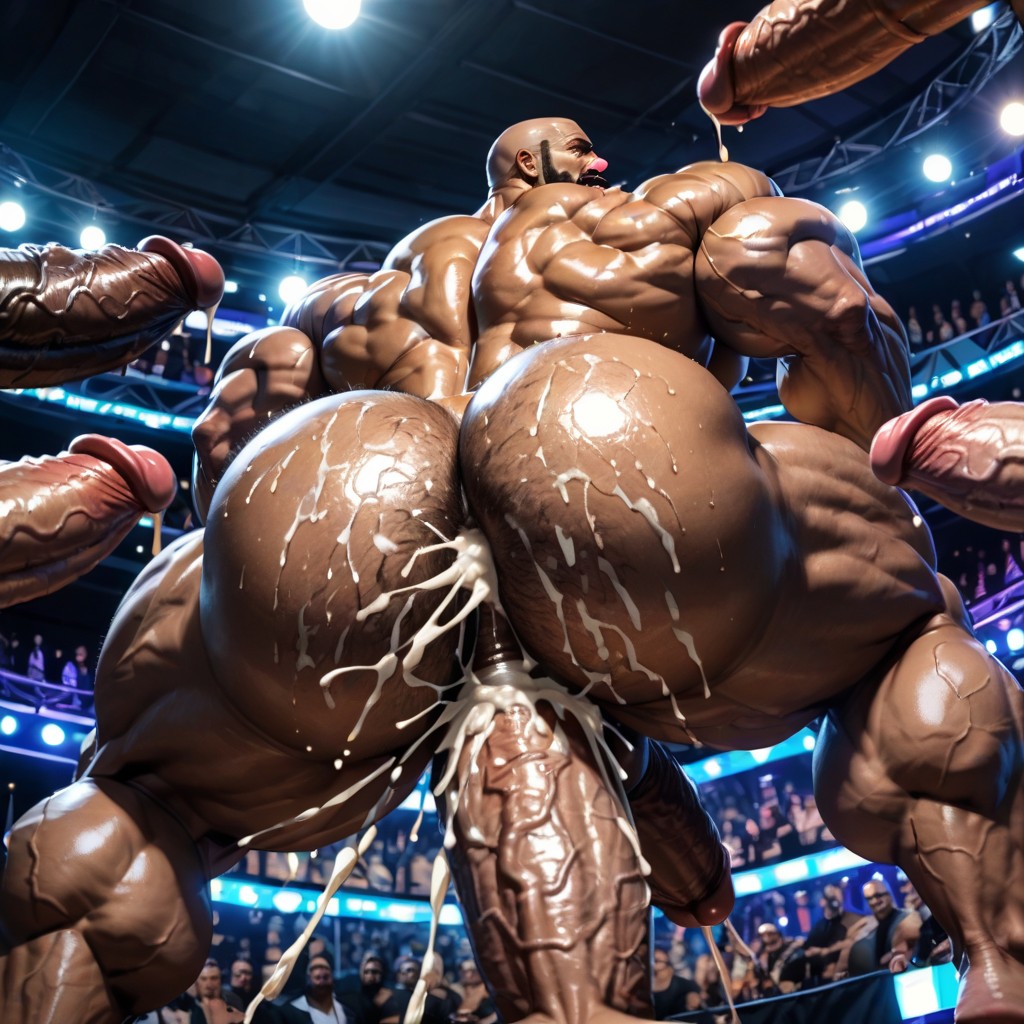 Massive Thick Bulky Hairy Muscles, Hyper Bulky Tanned Skin, Double Penetration In Mouth AI Gay Porn