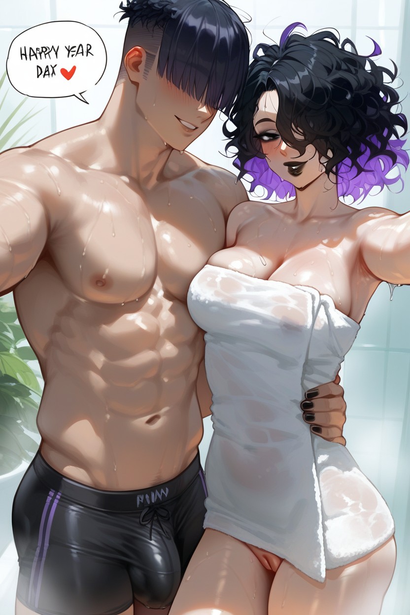 Cabello Ondulado, Black Eyes, Male Taller Than Female Hentai IA