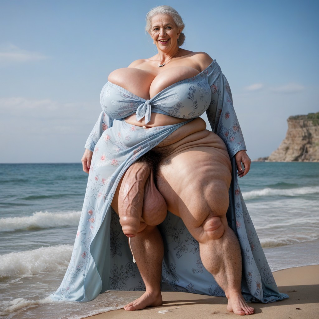 Hyper Length Legs Hyper Testicals, Standing In Ocean Water, Hair Down To Shoulders AI Porn