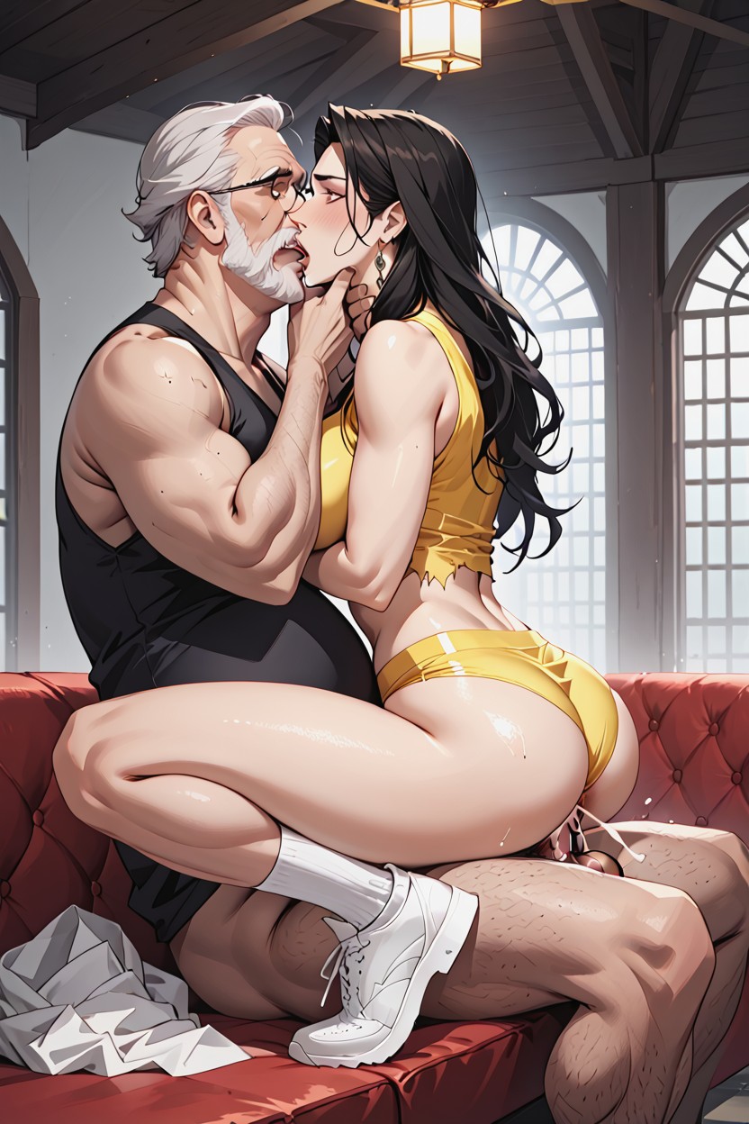 Excessively Large Fat Old White Man, Sitting On Brown Leather Her Couch, Gargantuan Fat Old White Man AI Porn