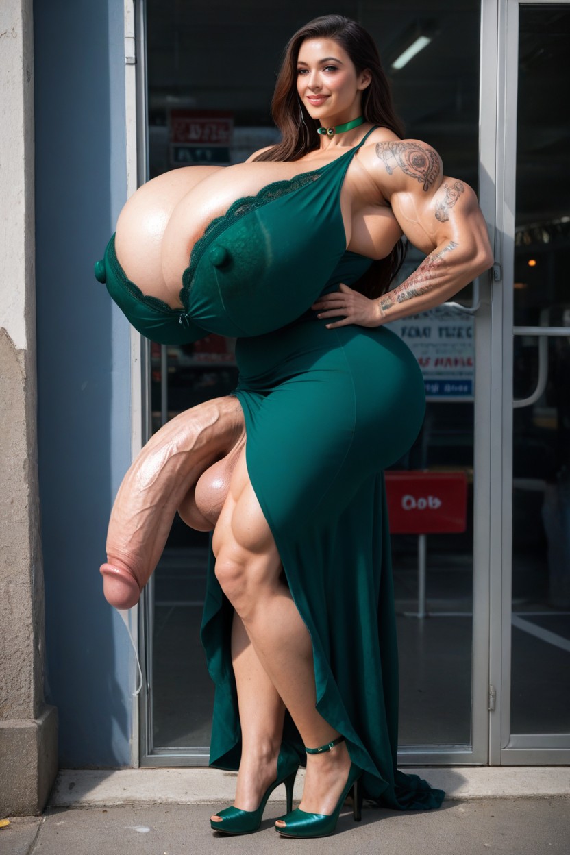 High Waisted Green Thong, Super Huge Muscles, Grabbing Boobs Shemale AI Porn