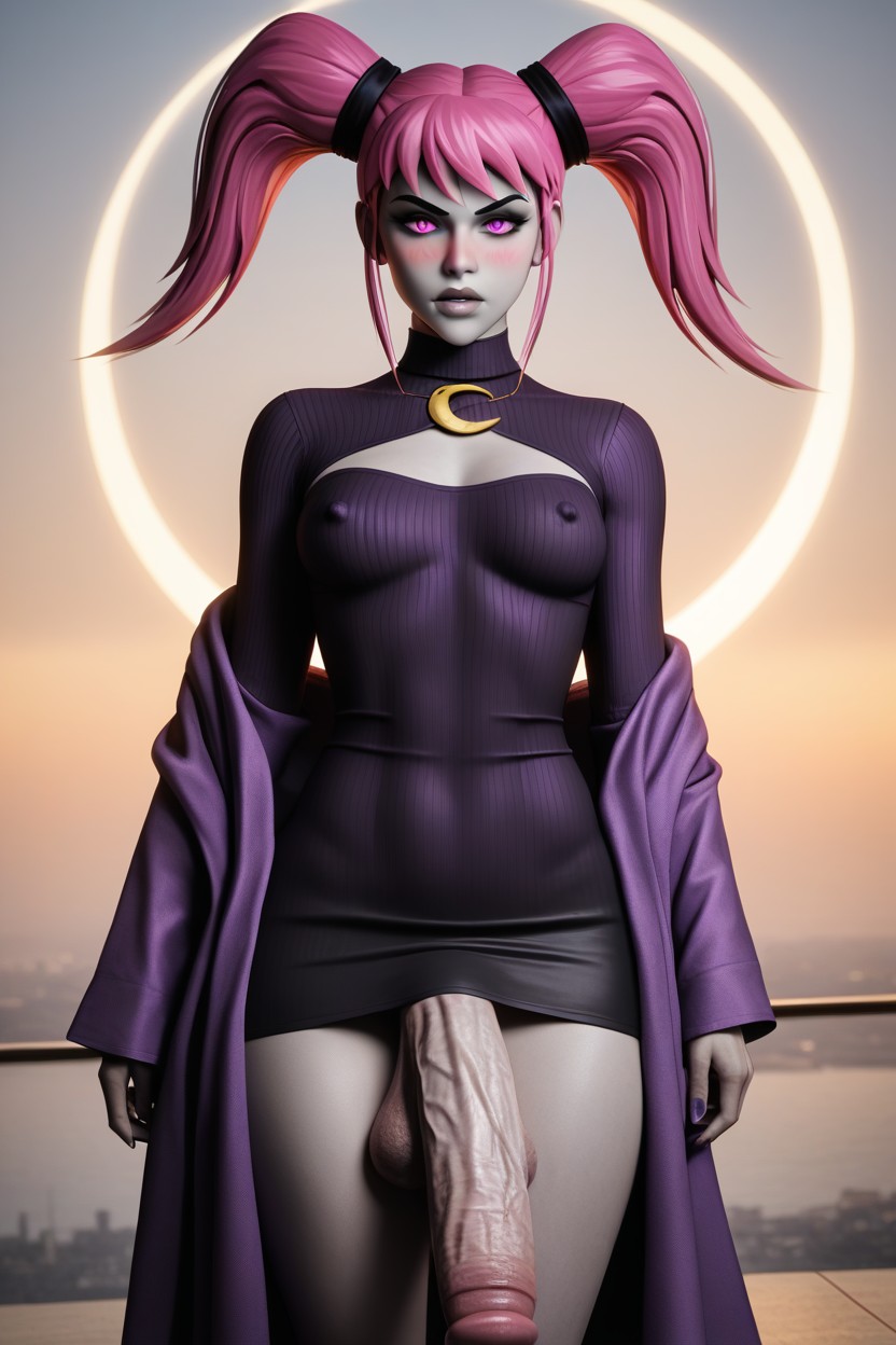 Show Past Crotch, Pink Hair, Black Chocker With Purple Gem Pendent Shemale AI Porn