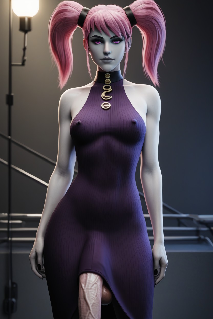 Purple Feline Eyes, Show Past Crotch, Bangs Shemale AI Porn