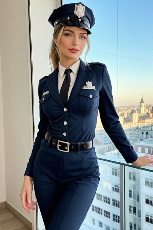 Swedish, Deep Unbottoned Decolte Uniform Vest, Black Sunglasses AI Porn