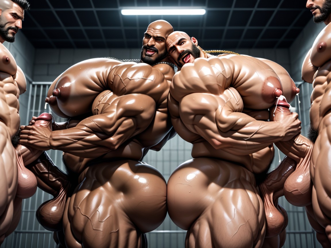 Huge Hyper Cocks Pushing Up Hyper Boobs, Big Extreme Hyper Nipples, Manbald AI Gay Porn
