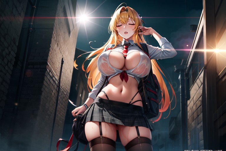 Classic Black Shoe, Plaid Skirt, Raining AI Porn